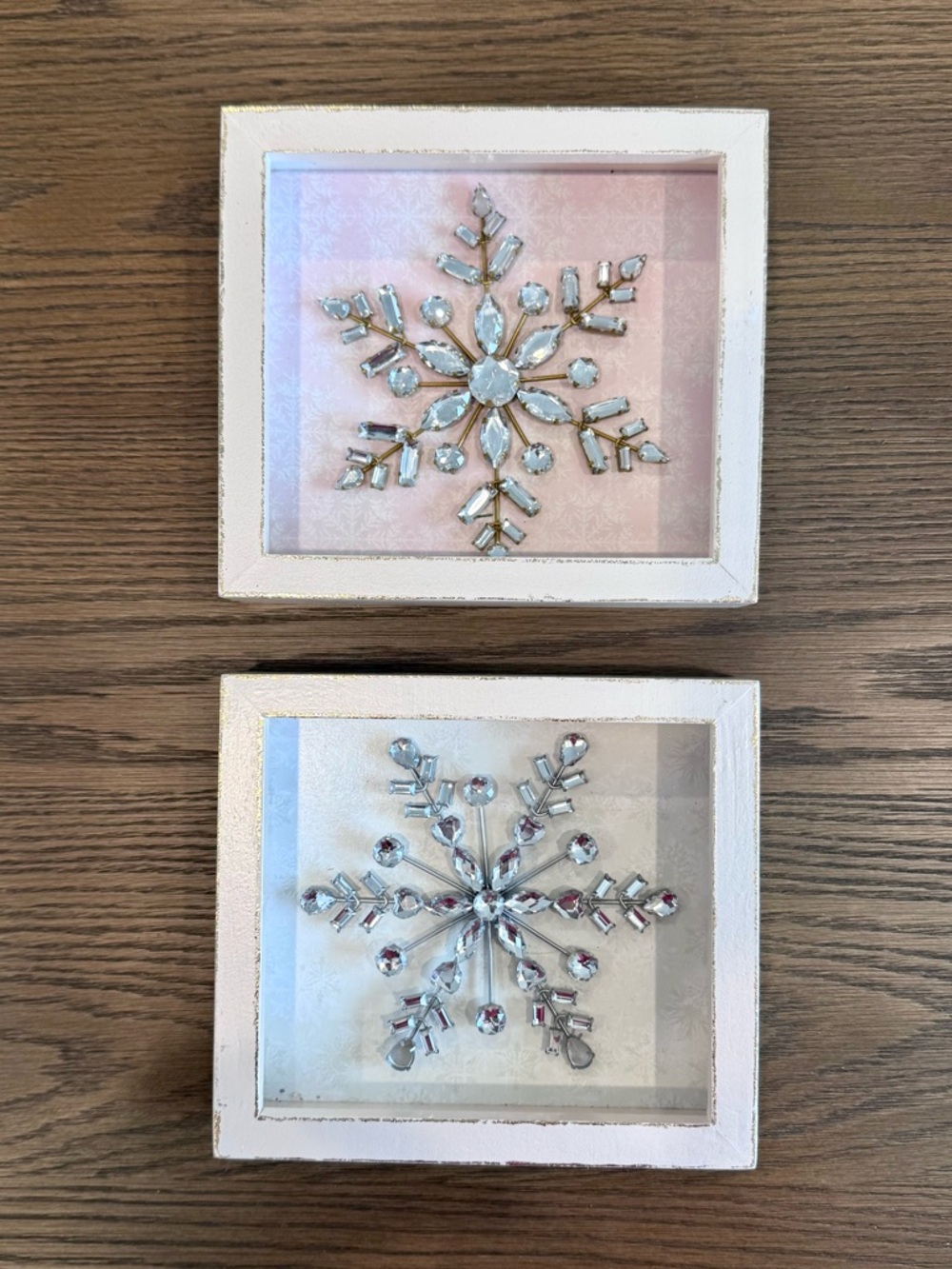 Framed Crystal Snowflake Wall Art - Pair White shadowbox green and pink